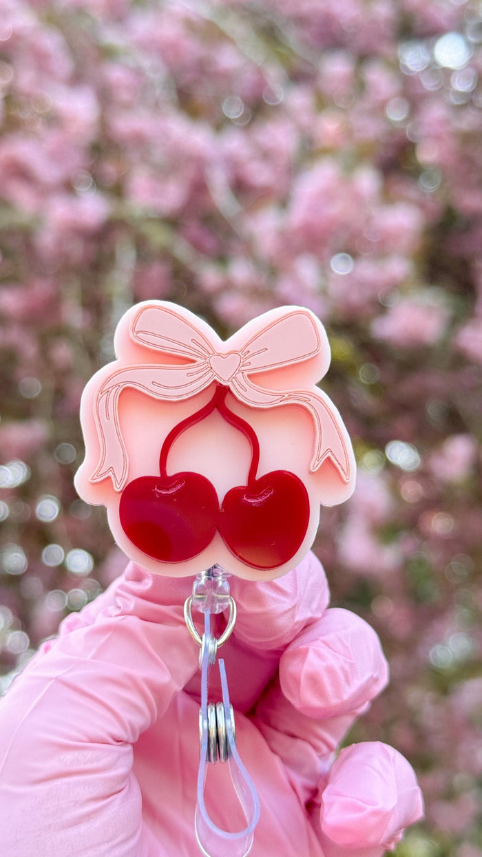 Cherry Coquette Bow Nurse Badge Reel | Cute Retractable ID Holder