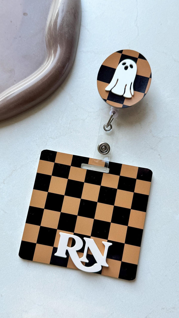 Halloween Ghost Checkerboard Nurse Badge Buddy | Personalized ID Badge Backer