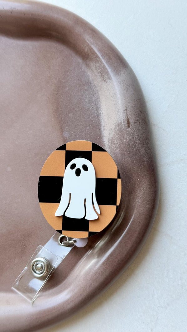 Halloween Ghost Checkerboard Nurse Badge Reel | Cute Retractable ID Holder