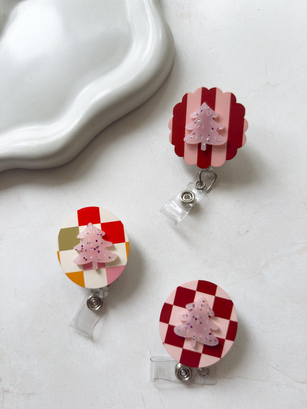 Holiday Pink Stripe Tree Nurse Badge Reel | Cute Christmas ID Holder