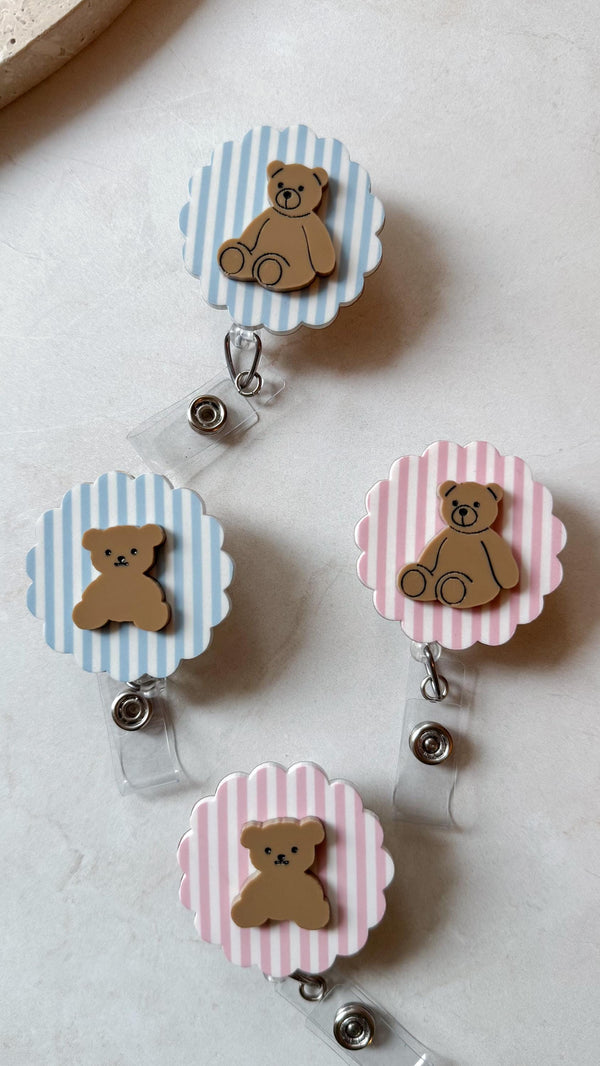 Teddy Bear Striped Scalloped Nurse Badge Reel | Cute Retractable ID Holder