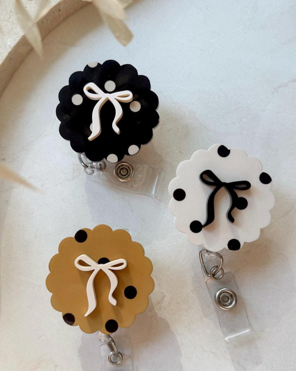 Polka Dot Bow Scalloped Nurse Badge Reel | Cute Retractable ID Holder