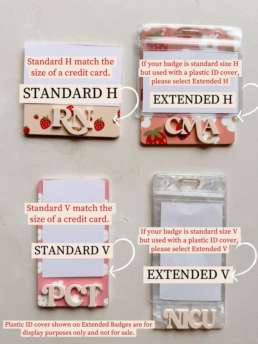 Four badge holders with text and designs. Two are labeled "STANDARD H" and "EXTENDED H" with strawberry and floral patterns. The other two are "STANDARD V" and "EXTENDED V" with floral patterns. Text 