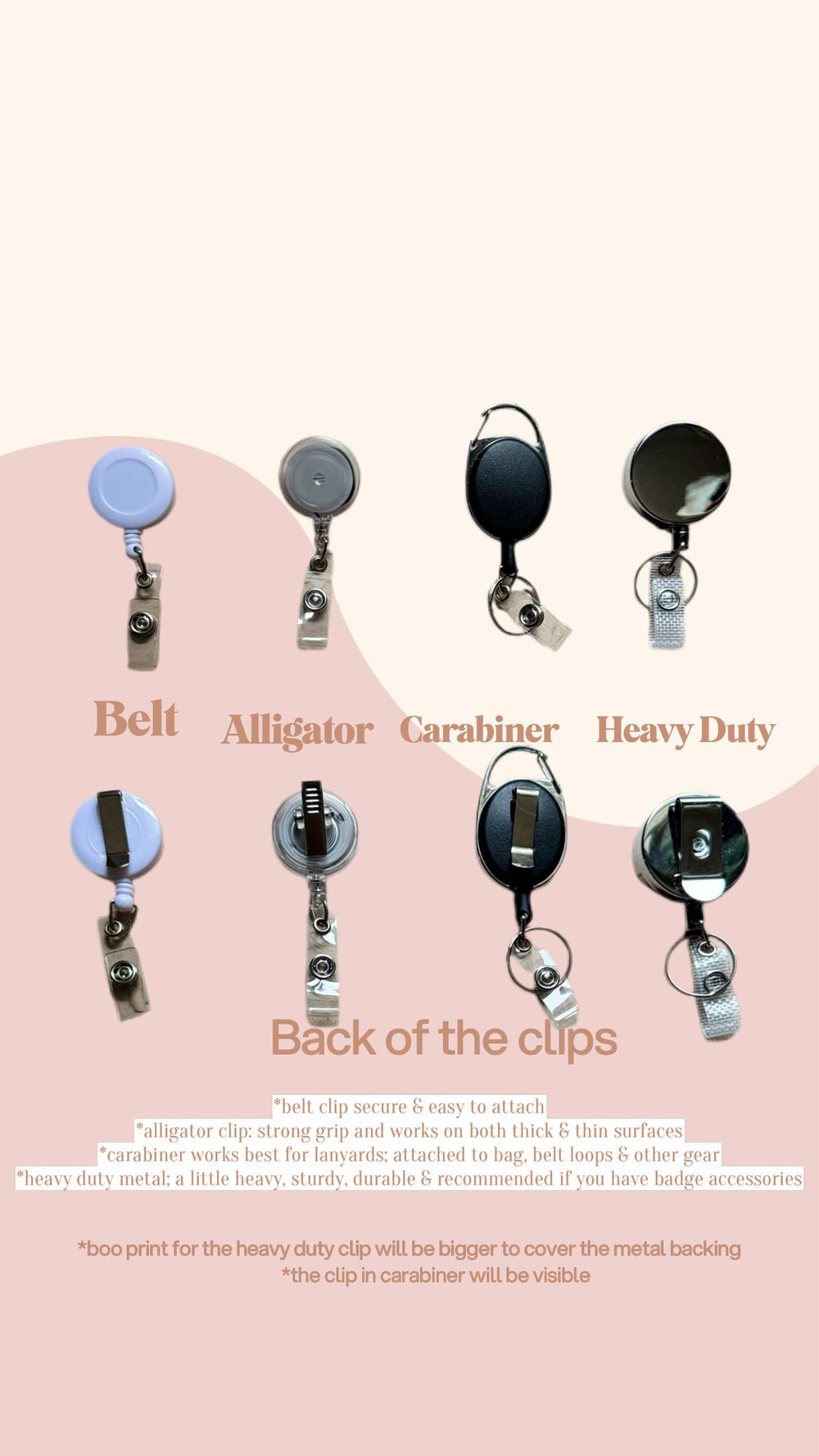 An image showcasing various badge reel clips: belt, alligator, carabiner, and heavy-duty styles. Each clip type is displayed with its back view, highlighting different attachment mechanisms. Text prov