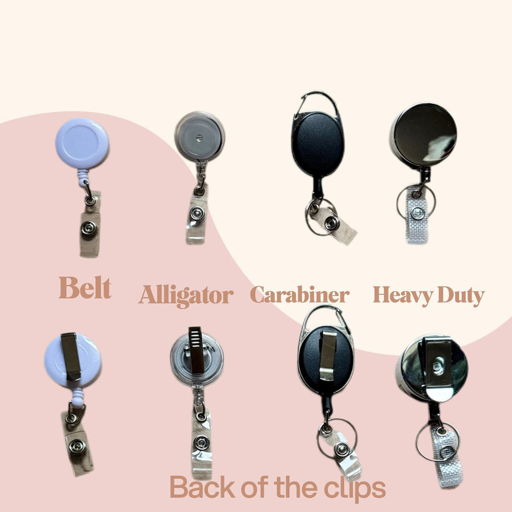 A collection of badge reels in various styles, including belt clip, alligator clip, carabiner, and heavy-duty options. The image also shows the back of the clips. The reels are in silver, black, and l
