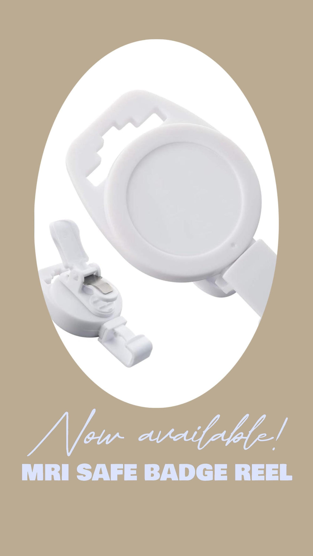 White MRI safe badge reel with a retractable cord and a clip. The reel has a circular design with a handle and a separate clip for attaching to clothing. Text on the image reads "Now available! MRI SA