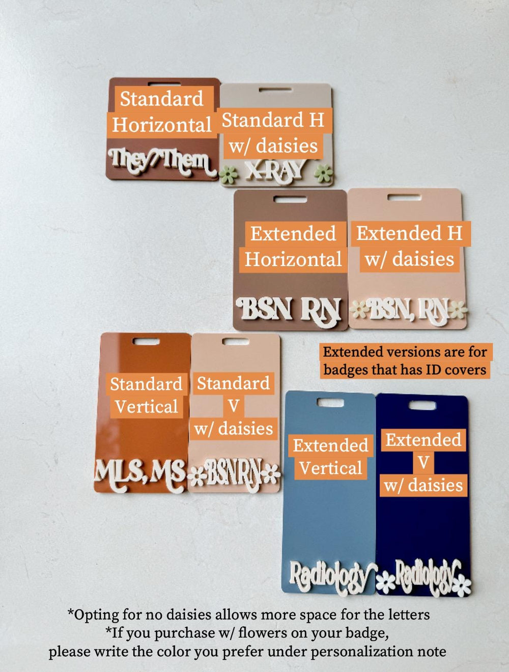 A set of six different badge designs for nurses,  professionals, and other professionals. The badges are available in standard and extended sizes, with and without daisies. The text on the badges incl