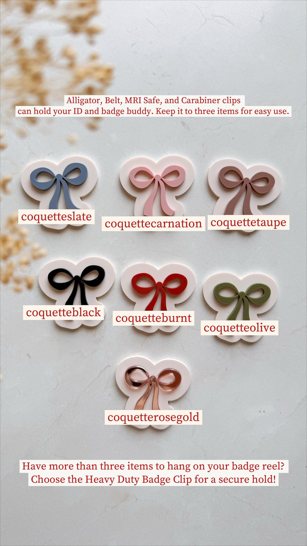 A collection of badge reel clips in various colors, including slate blue, pink, taupe, black, red, olive green, and rose gold. Each clip features a bow design and is labeled with its color name. Text 