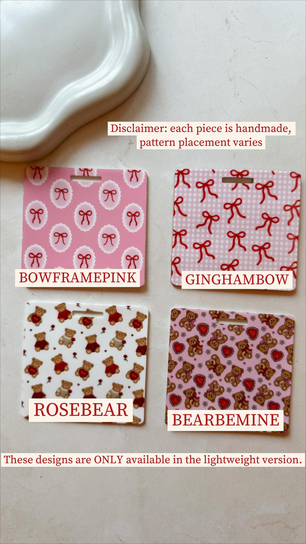 Four decorative cards with different patterns. One pink card has white bow accents and the text "BOWFRAMEPINK". Another pink card has red bow accents and the text "GINGHAMBOW". A card has teddy bears 