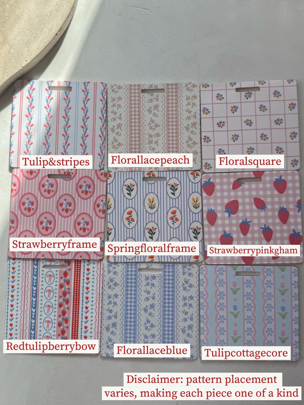 Nine patterned cards with a handle cutout. Designs include stripes, floral patterns, and gingham in various colors like pink, blue, and red. Text on the cards reads "Tulip&stripes", "Florallacepeach",