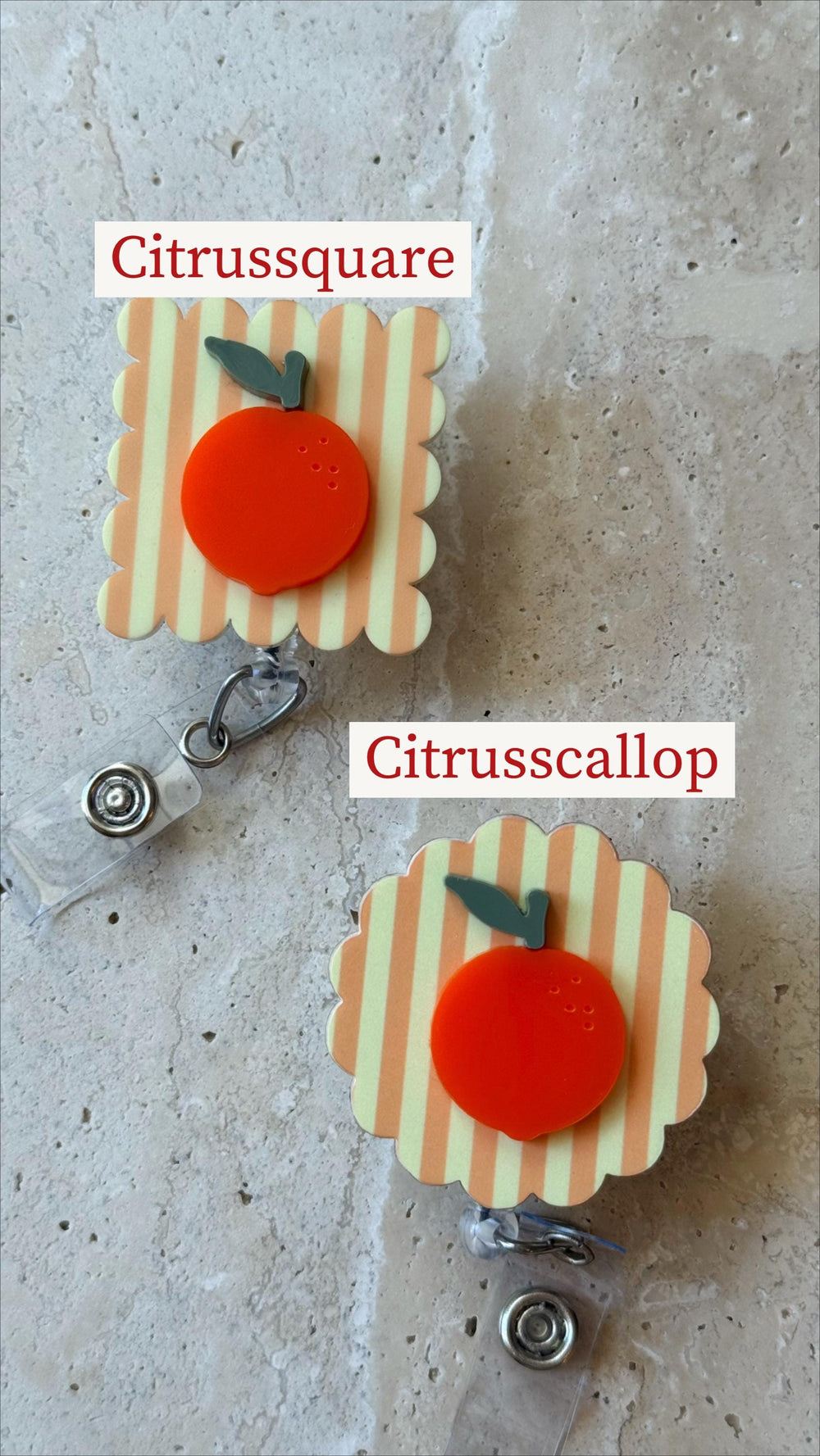 Two badge reels with orange fruit designs. The top reel is square and labeled "Citrusssquare." The bottom reel is scalloped and labeled "Citrusscallop." Both have orange fruit with green leaves on a s