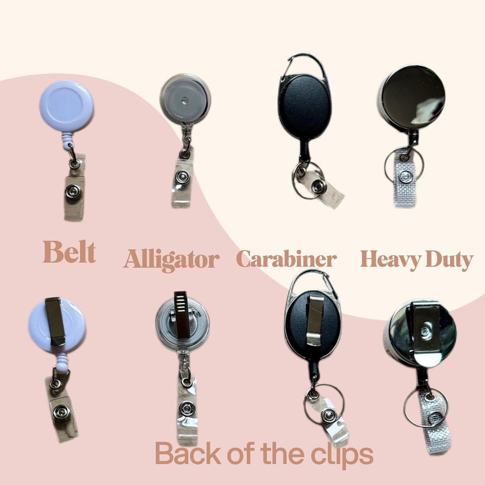 An assortment of badge reels with different clip styles, including belt, alligator, carabiner, and heavy-duty options. The image also shows the back of the clips. The reels are in various colors, with
