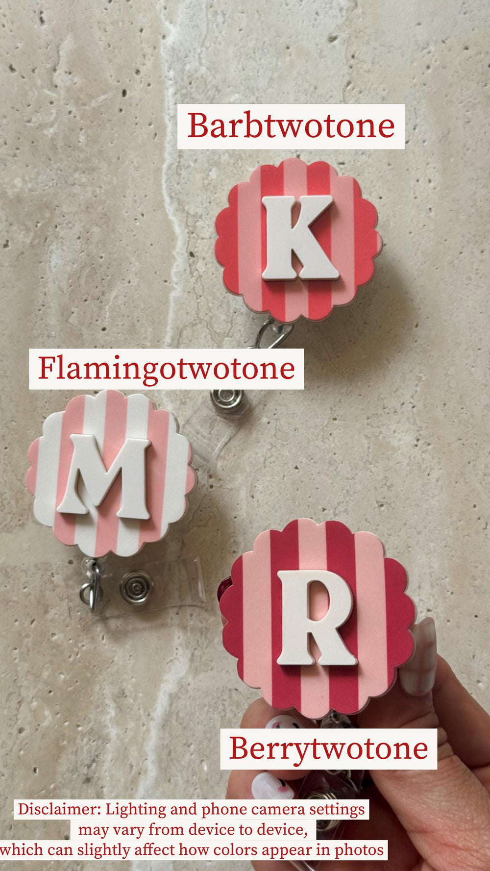 Three decorative badge reels with scalloped edges. Each reel features a different initial: K, M, and R. The reels have a striped background in shades of pink and white, with the text "Barbtwotone", "F