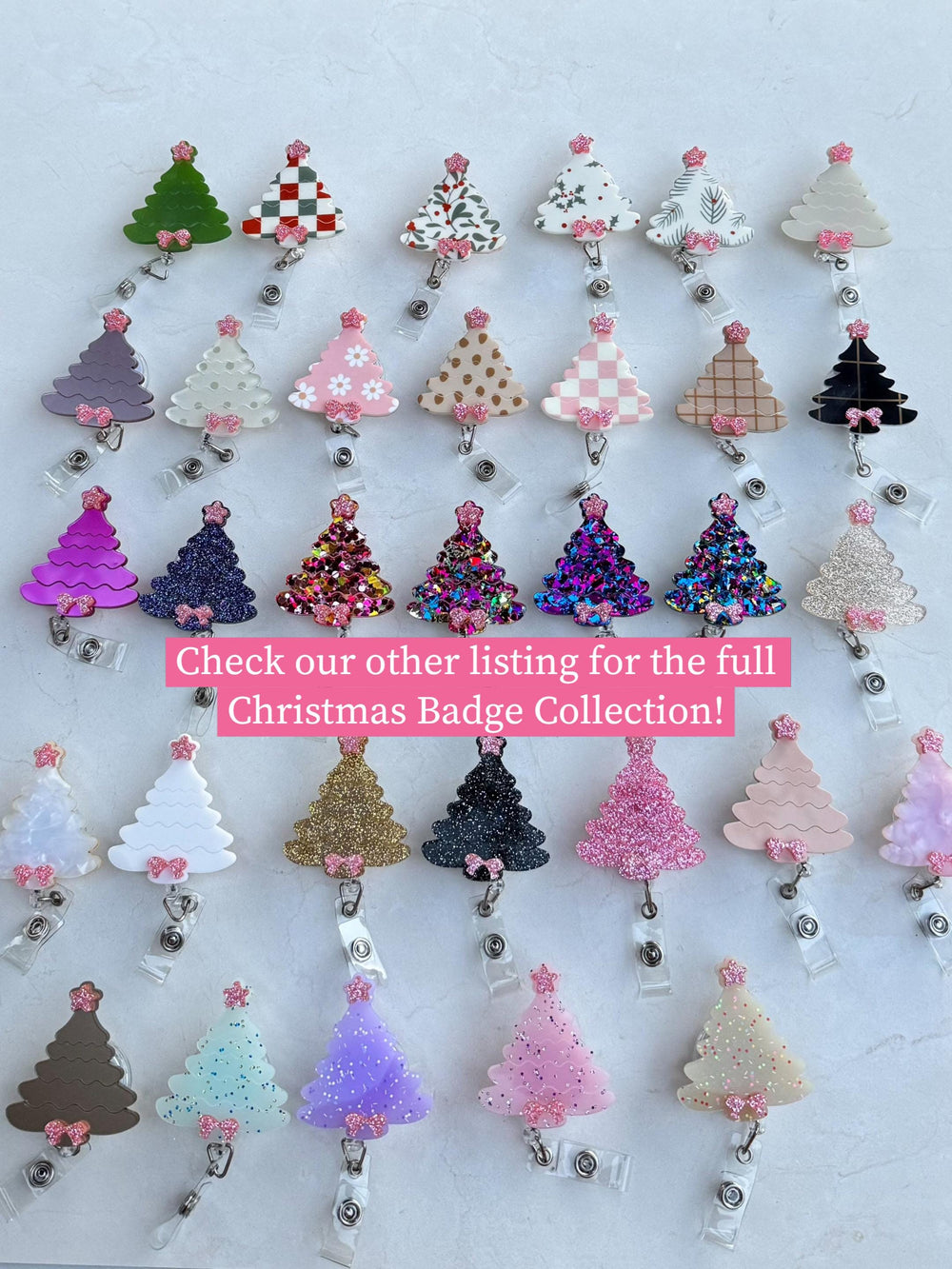 A collection of 24 Christmas tree-shaped badge holders with various designs, including glitter, plaid, and floral patterns. The badge holders are attached to clear retractable badge reels. The text "C