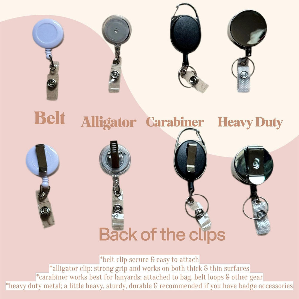 An assortment of badge reel clips, including belt, alligator, carabiner, and heavy-duty styles. The image shows the front and back of the clips, with text describing their features and uses. The backg