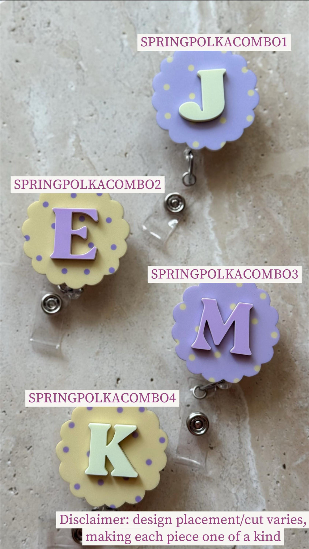 Four badge reels with different letters: J, E, M, and K. Each reel has a scalloped edge with polka dots and a letter in the center. The letters are in a contrasting color to the background. The text "