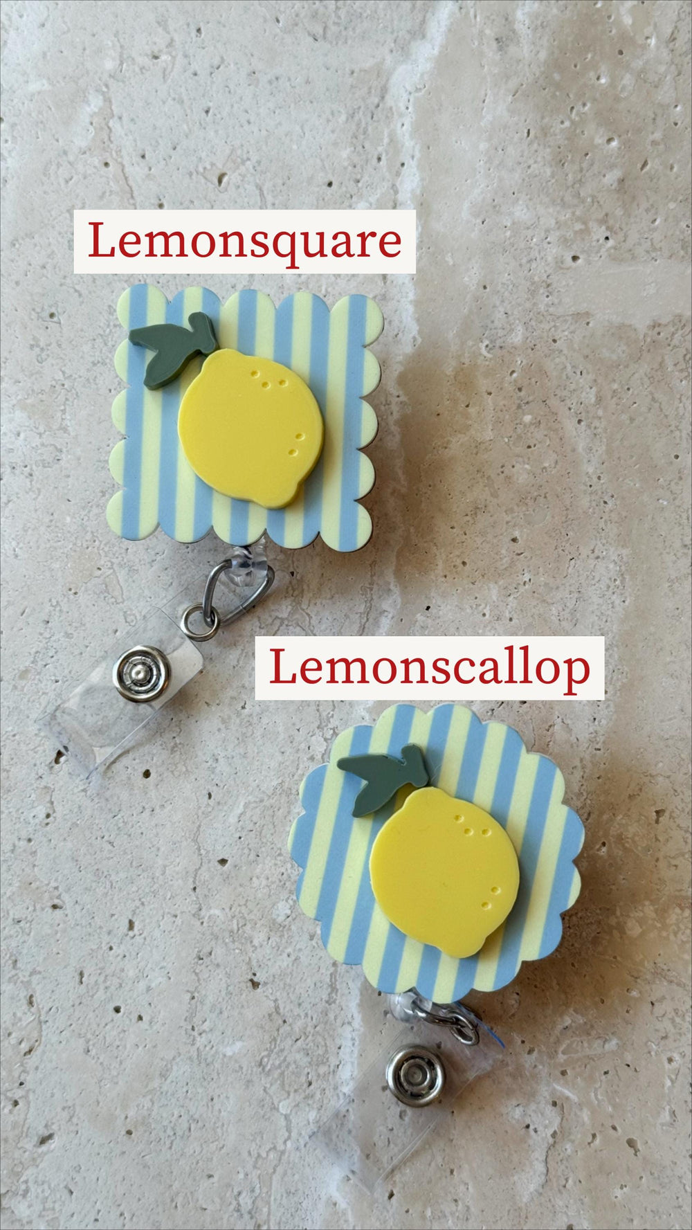 Two badge reels with lemon designs. One is square and the other is scalloped. Each has a yellow lemon with a green leaf on a blue and yellow striped background. The text "Lemonsquare" and "Lemonscallo