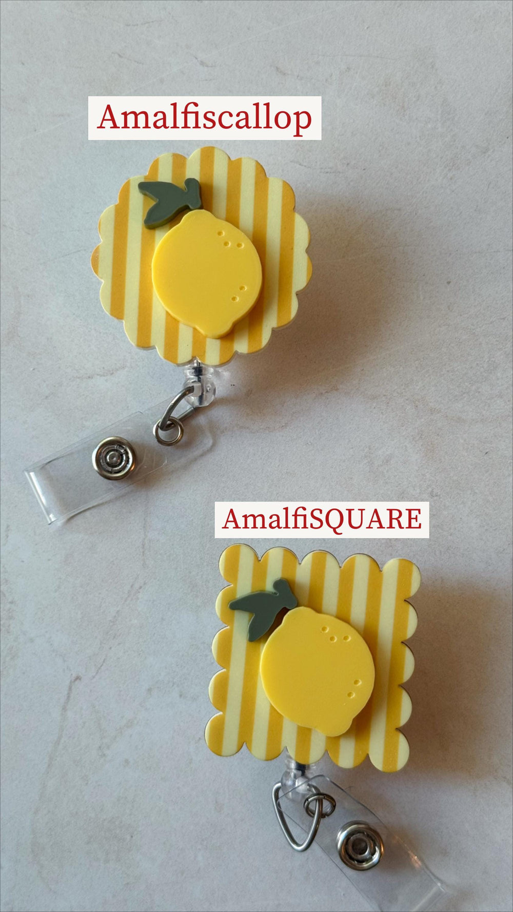 Two badge reels with lemon designs. One is round with a scalloped edge, the other is square with a scalloped edge. Both have yellow and white striped backgrounds and a yellow lemon with a green leaf. 