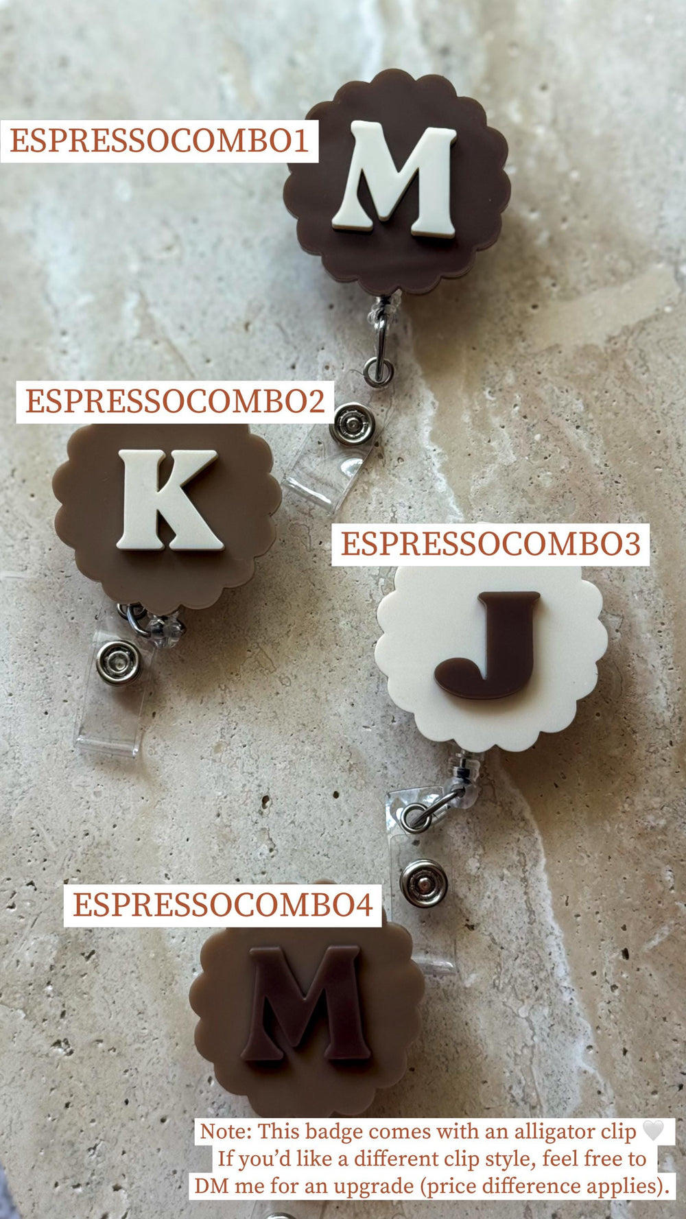 A collection of four badge reels with different initial letters. The reels have a scalloped edge design. The letters are in white or brown, and the background colors are brown and white. Each reel has