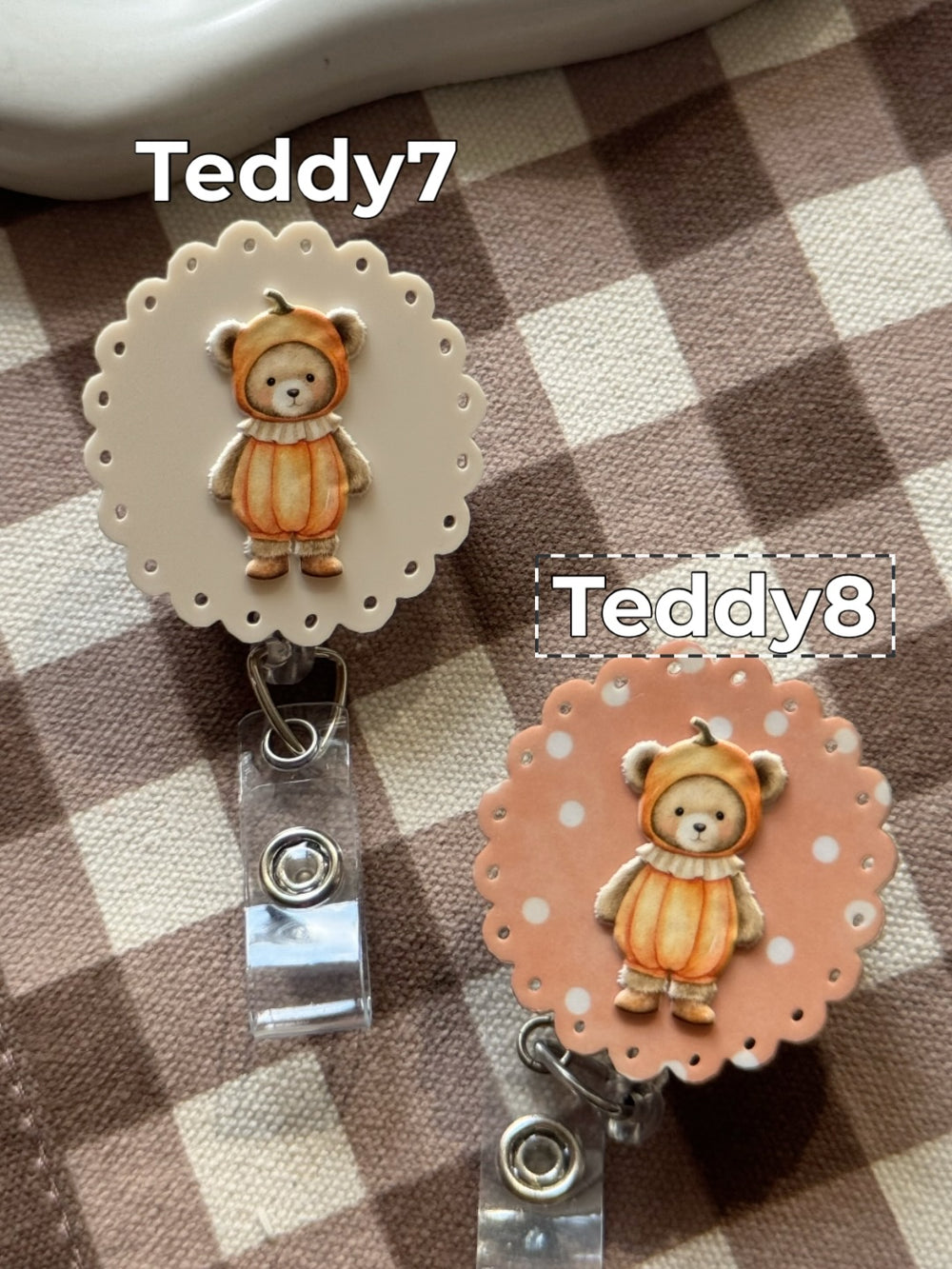 Teddy Bear fall outfit pumpkin badge reel