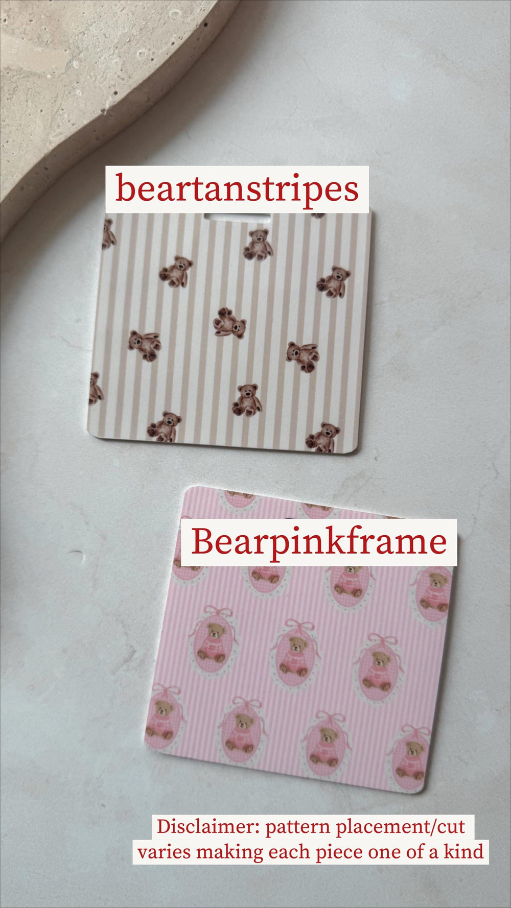 Two decorative coasters with teddy bear patterns. One coaster has a beige and white striped background with brown teddy bears. The other has a pink background with pink teddy bears in oval frames. Tex