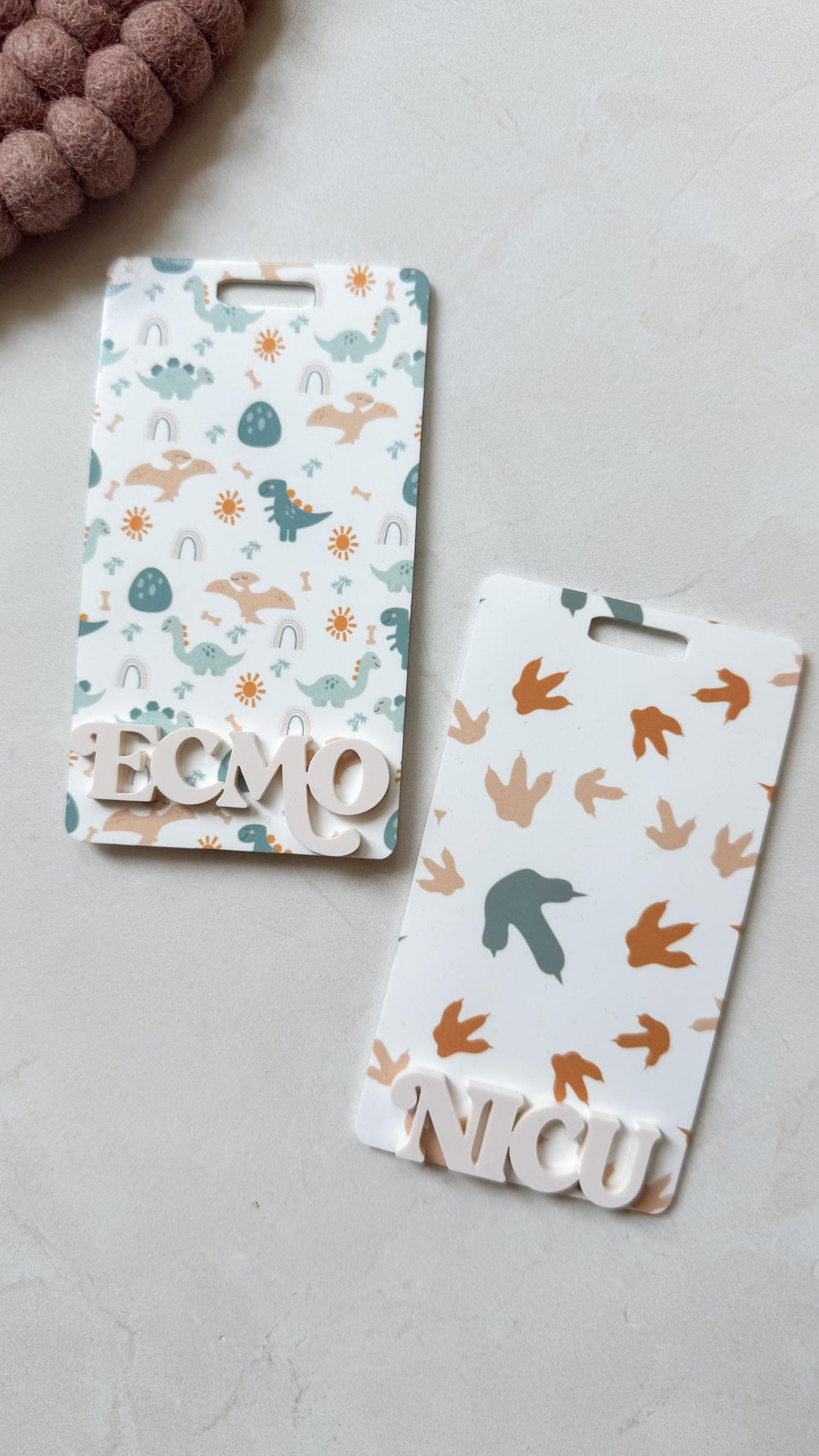 Two rectangular name badges. One features a pattern of dinosaurs, rainbows, and suns, with the word "" in raised letters. The other has dinosaur footprints and the word "".