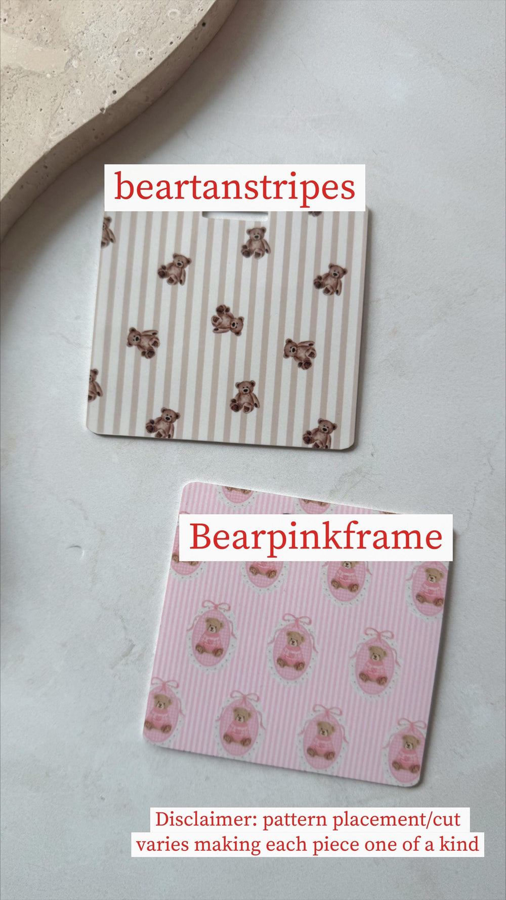 Two decorative coasters. One features a tan and white striped pattern with brown teddy bears, labeled "beartanstripes." The other has a pink striped pattern with teddy bears in pink frames, labeled "B