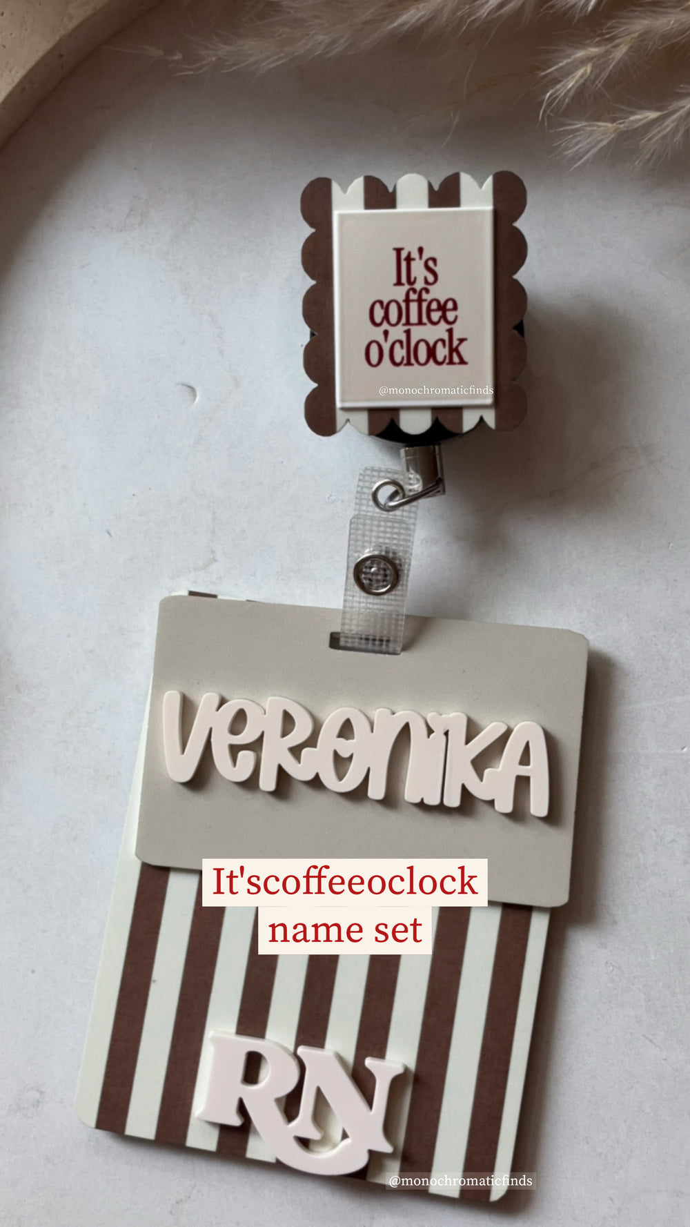 Coffee oclock badge set/ Brown stripes badge name tag