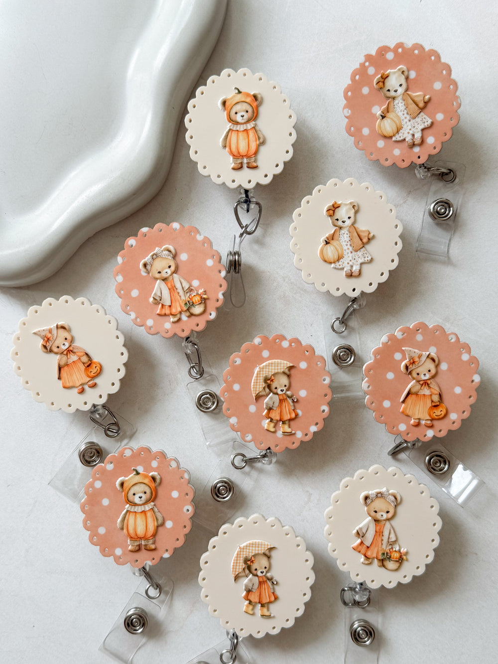 Teddy Bear fall outfit pumpkin badge reel