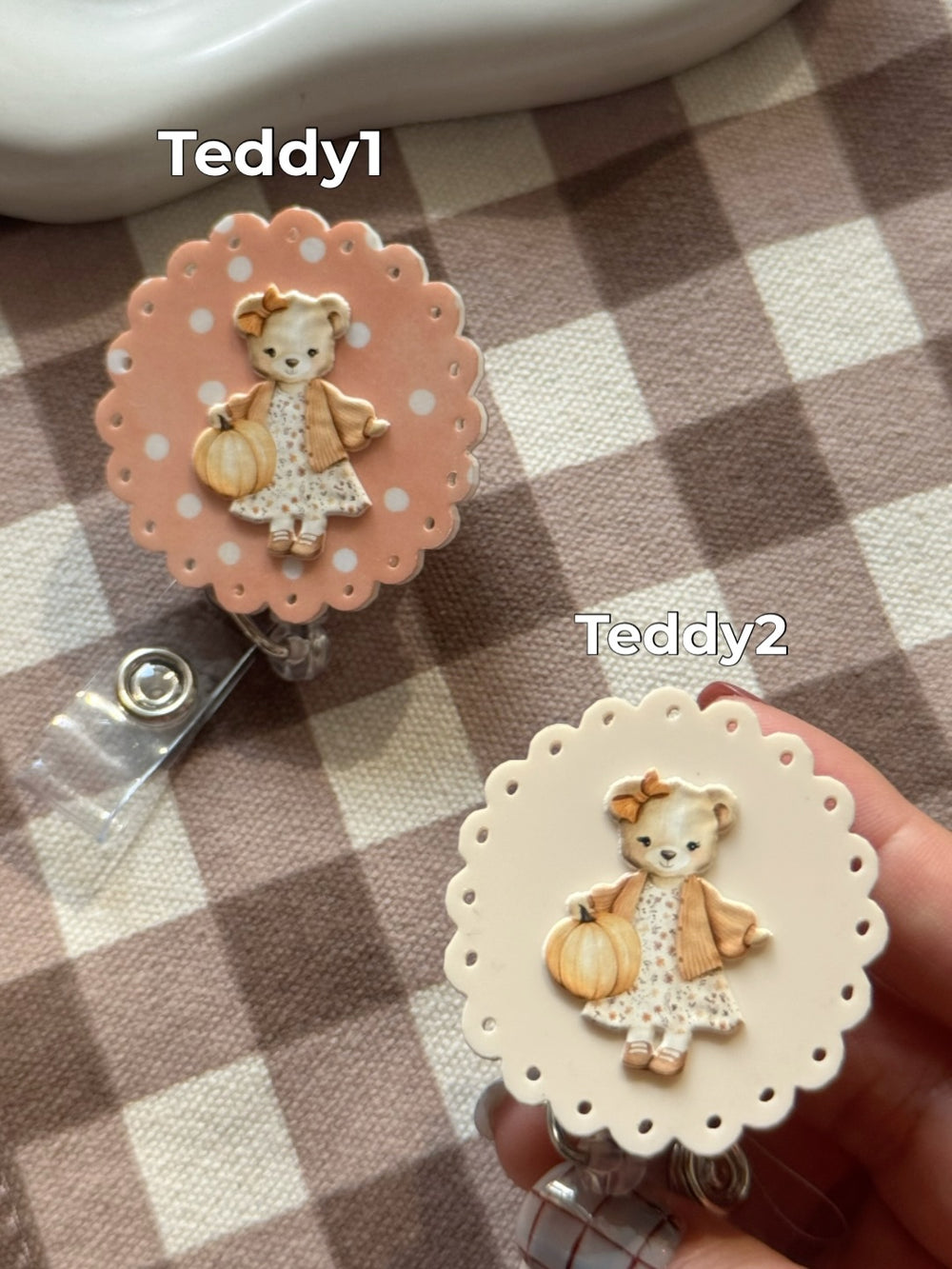 Teddy Bear fall outfit pumpkin badge reel