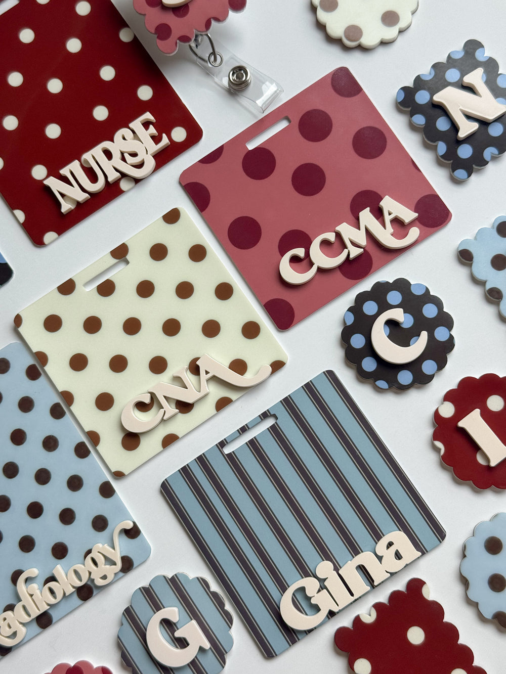 Polka dots badge reel, Polka dots badge buddy, badge set