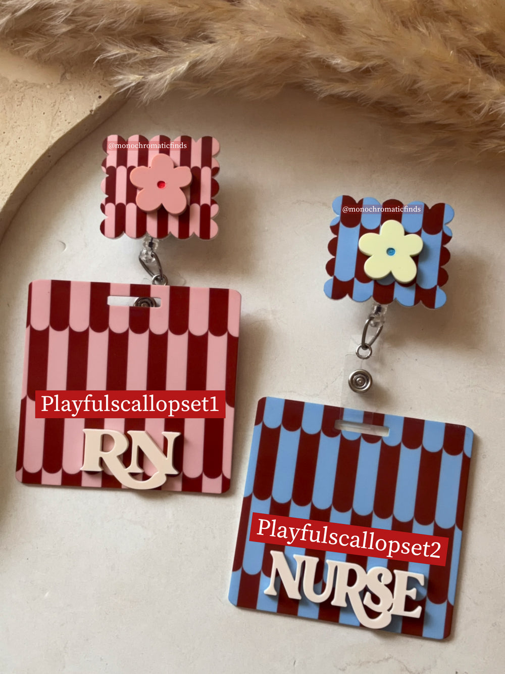Scalloped stripes badge reel, scallop badge buddy set